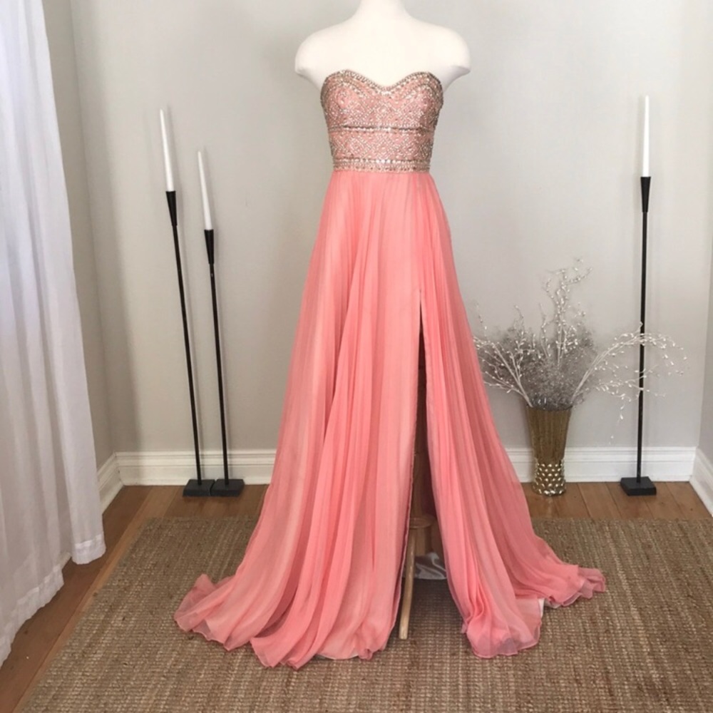 Mac Duggal pink peach gemstone prom dress